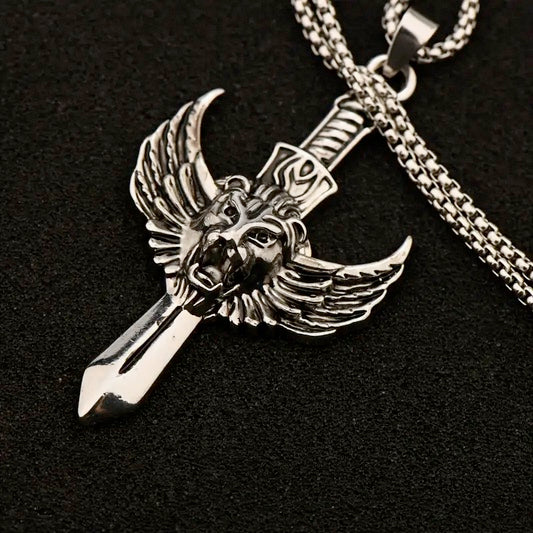 Men's Vintage Lion Of Judah Angel Wing Sword Cross Necklace