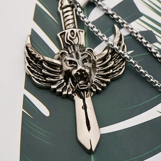 Men's Vintage Lion Of Judah Angel Wing Sword Cross Necklace