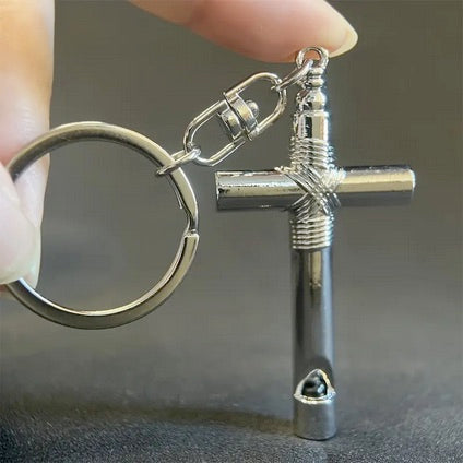 Stainless Steel Prayer Cross Keychain With Whistle