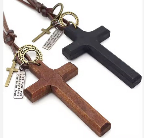 Handmade Leather Adjustable Length Cord Walnut Holy Land Wood Cross With Tags