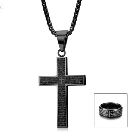 Lord's Prayer Black Cross Necklace and Ring Set