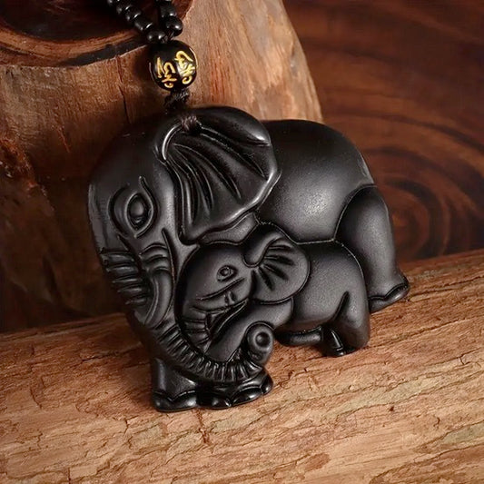 Carved Black Stone Elephant Necklace