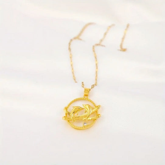 Elegant Save the Dolphin 18K Gold-Plated Titanium Necklace with CZ