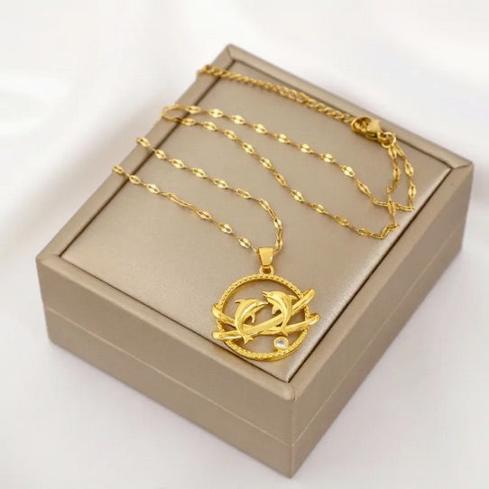 Elegant Save the Dolphin 18K Gold-Plated Titanium Necklace with CZ