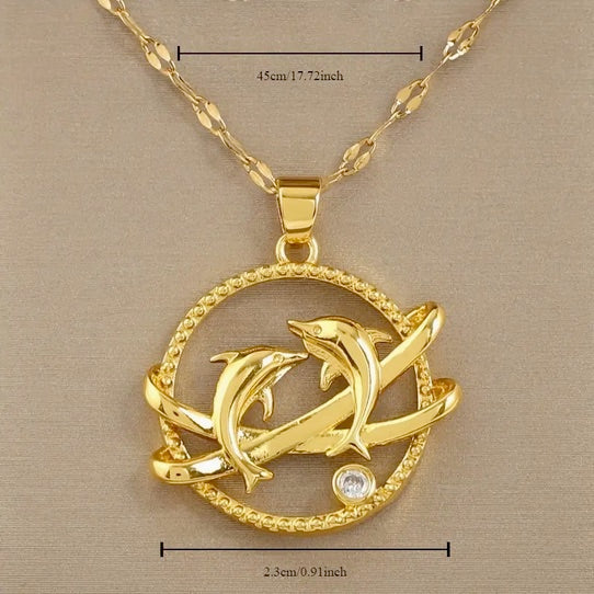 Elegant Save the Dolphin 18K Gold-Plated Titanium Necklace with CZ