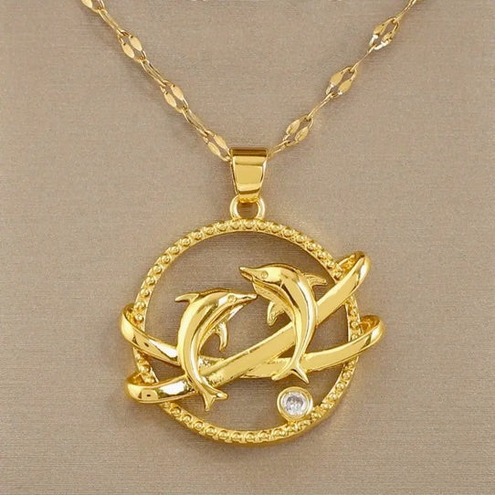 Elegant Save the Dolphin 18K Gold-Plated Titanium Necklace with CZ