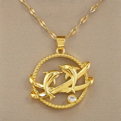 Elegant Save the Dolphin 18K Gold-Plated Titanium Necklace with CZ