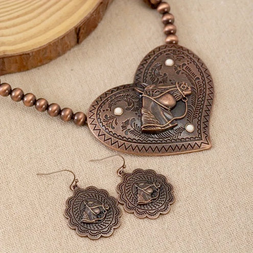 Boho-Chic Vintage Horse Head & Heart Beaded Necklace and Earrings Set - Turquoise Inlaid, Zinc Alloy