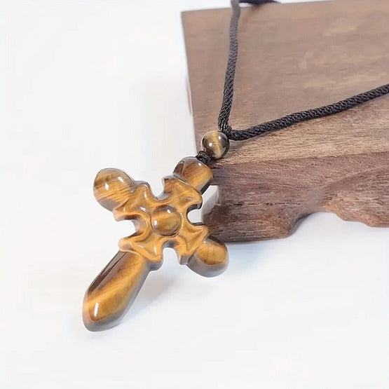 Natural Gemstone Tiger Eye Cross Necklace
