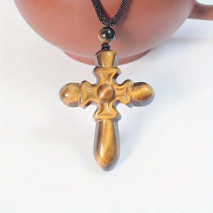 Natural Gemstone Tiger Eye Cross Necklace