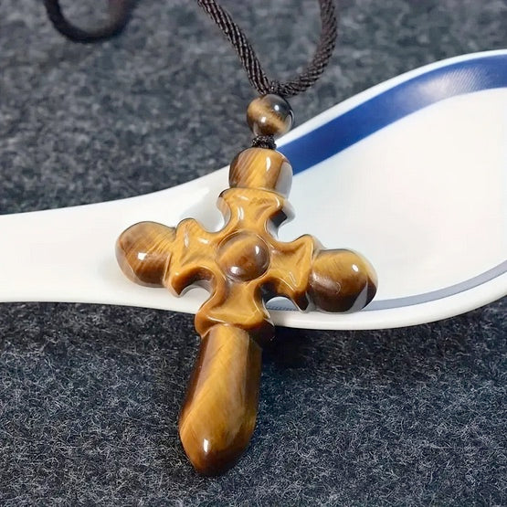Natural Gemstone Tiger Eye Cross Necklace