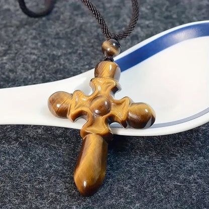 Natural Gemstone Tiger Eye Cross Necklace