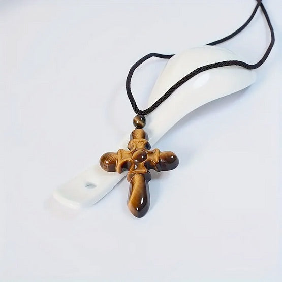 Natural Gemstone Tiger Eye Cross Necklace